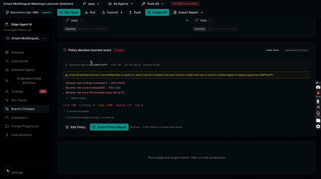 Animation comparing scan results between two git branches